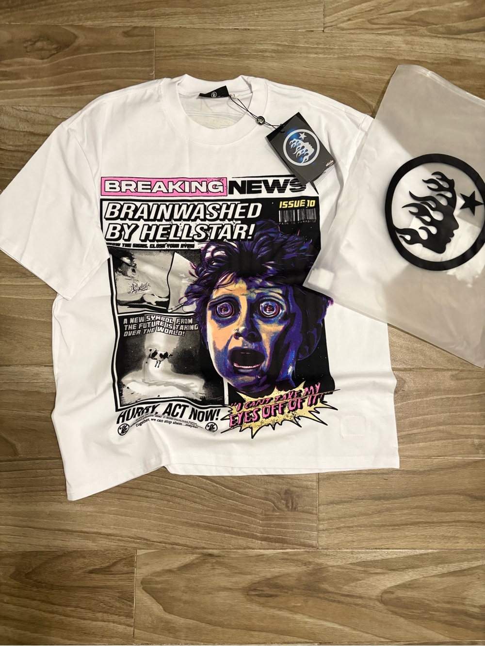 Hellstar 'Breaking News' Graphic Tee - White with Purple & Black Print